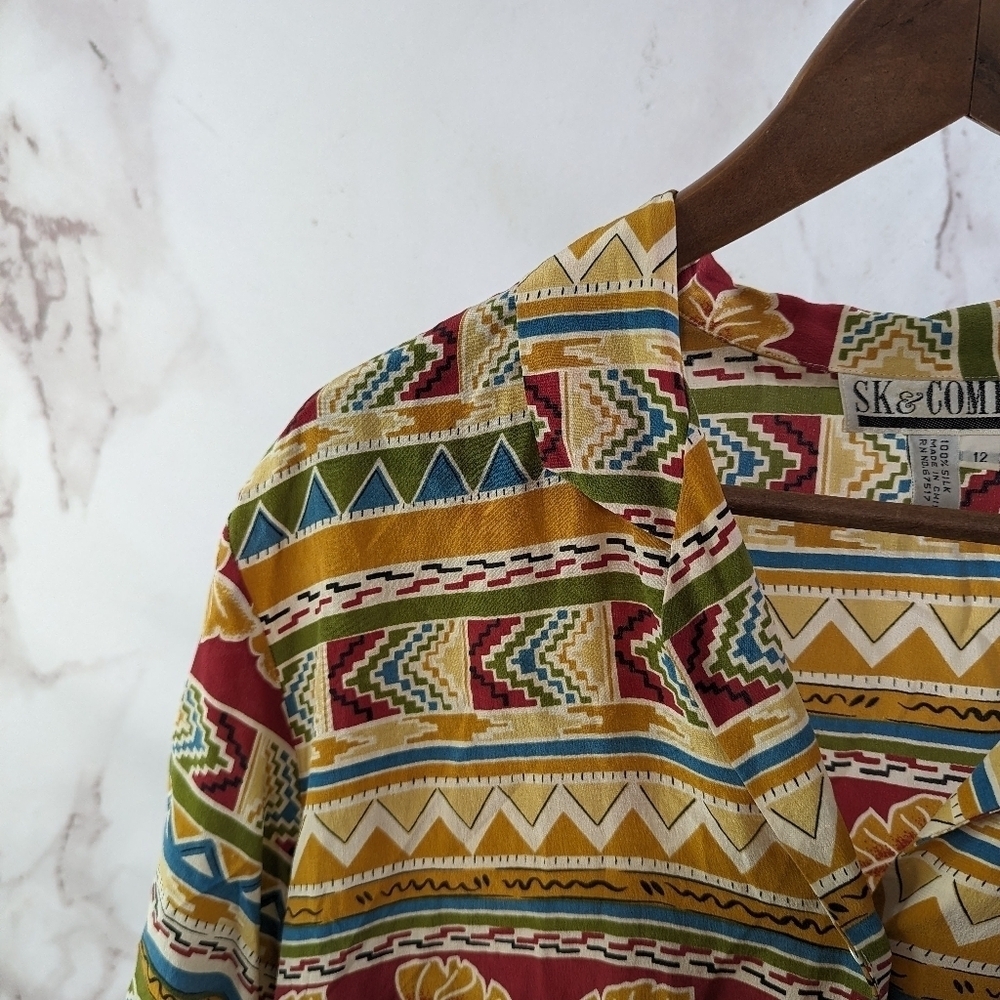 Vintage Silk Shirt Womens XL Yellow Red Camp Blouse Button Short Sleeve Leaf